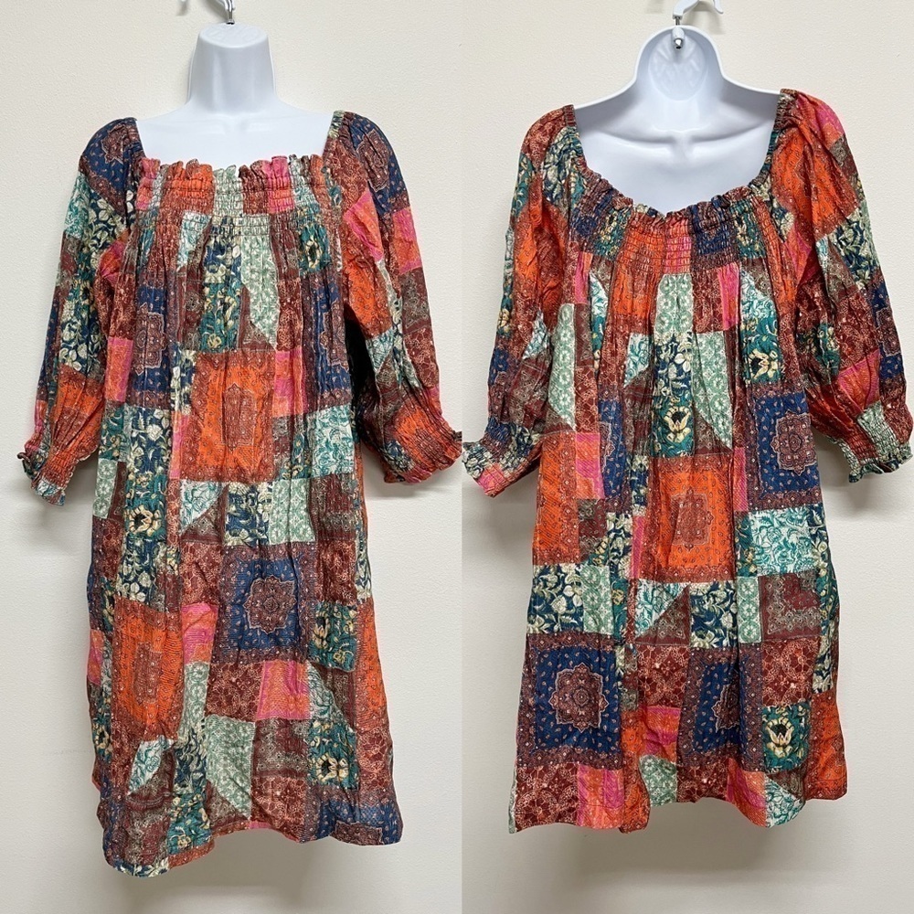 The Odells Womens Cottagecore Off the Shoulder Multicolor Patchwork Dress